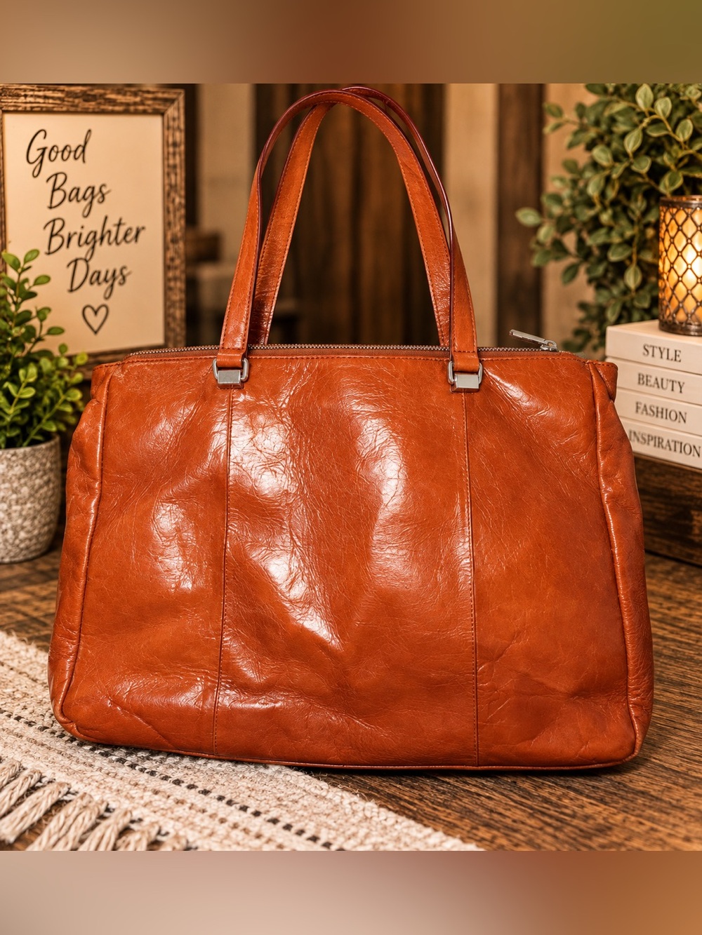 HOBO International Burnt Orange Leather Large Tote Shoulder Bag Floral Lining